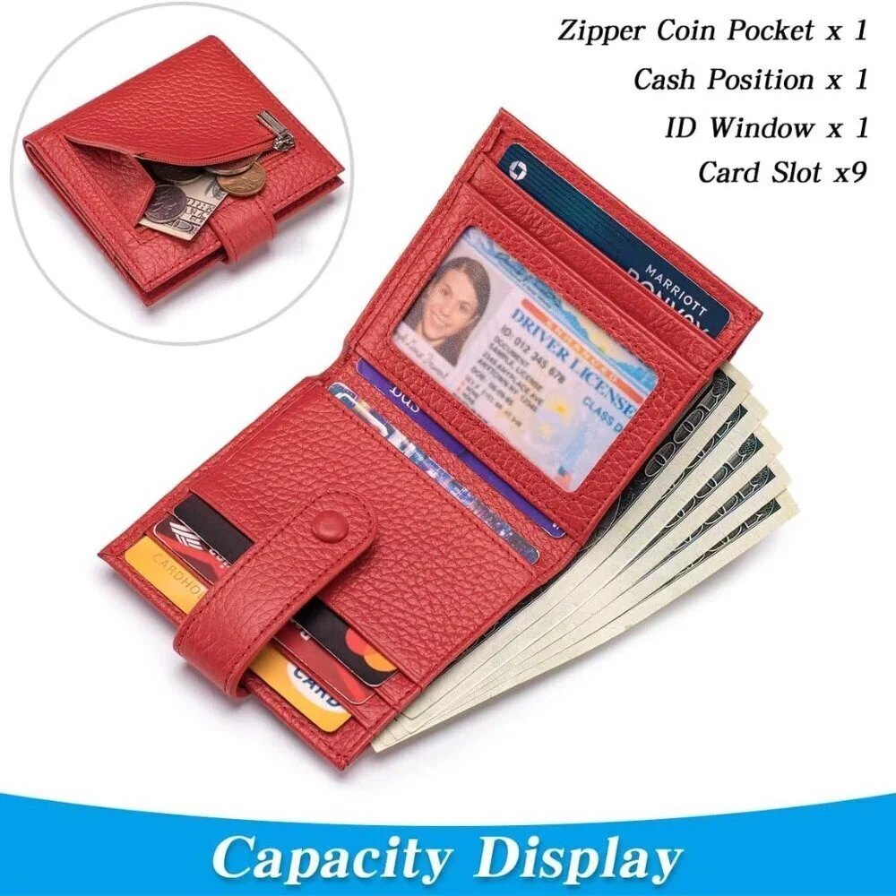 Genuine Leather Slim Wallet for Women Bifold Card Holder with Zipper Coin Pouch